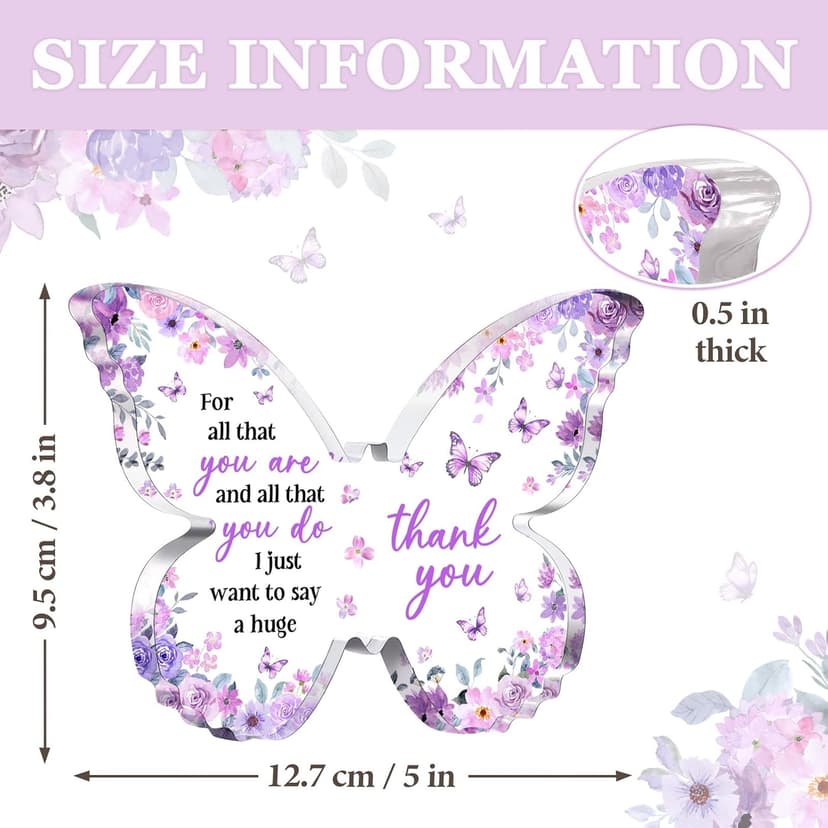 Thank You Gifts for Women, Appreciation Gifts for Teacher Employee Coworker Nurse Friend, 5x3.8x0.5 Inch Purple Butterfly Acrylic Plaque Decor, Graduation Wedding Thank You Grateful Gift Bulk