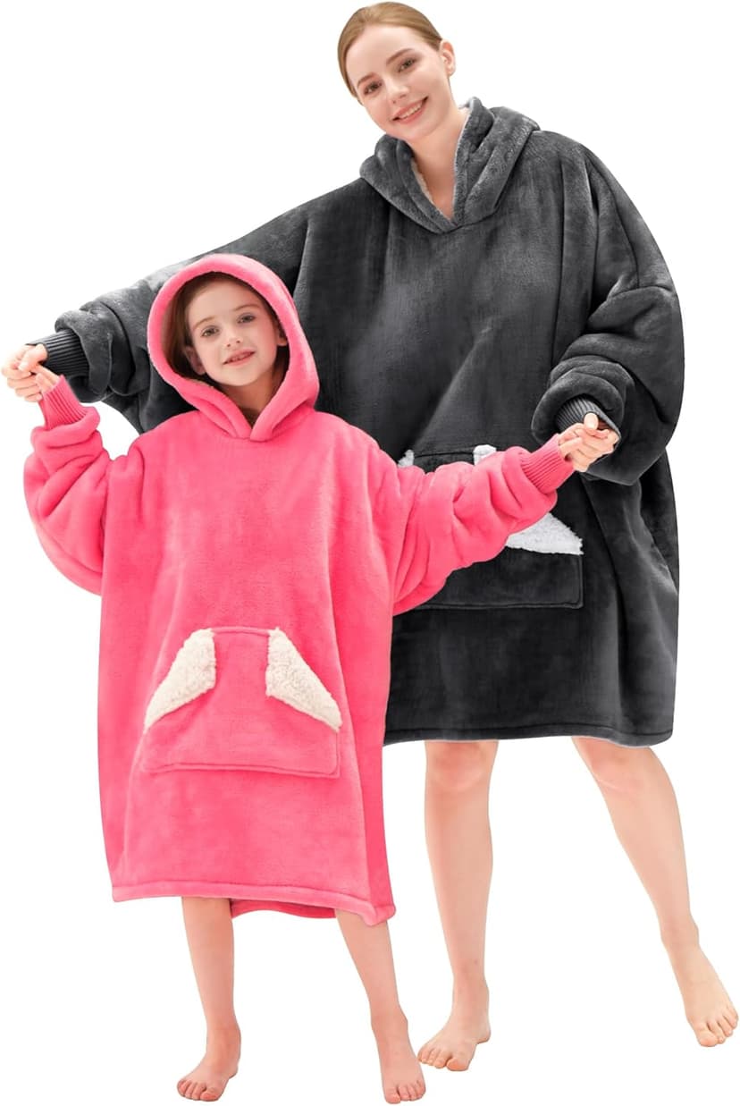 Touchat Wearable Blanket Hoodie, Oversized Sherpa Fleece Sweatshirt Blanket with Giant Hood Pocket and Sleeves for Adult, Warm & Cozy Grey Blanket Gifts for Women