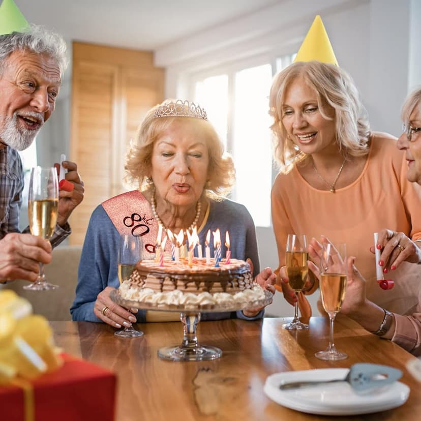 CIEHER 80th Birthday Crown + Sash + Pearl Pin Set, Elegant Gift for Women's 80th Birthday Party Decorations