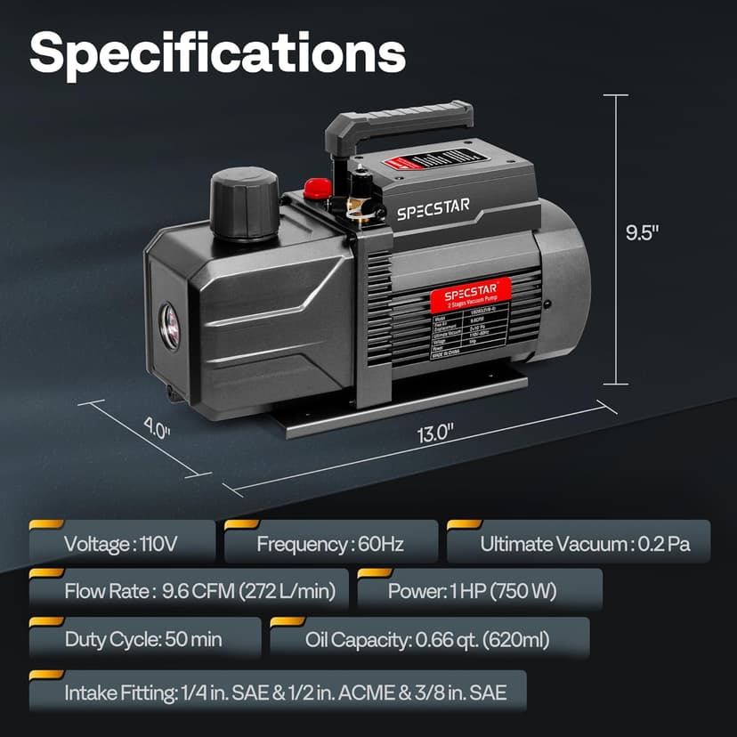 SPECSTAR 110V 9.6 CFM 1 HP Dual-Stage Rotary Vane HVAC Air Vacuum Pump for R12 R22 R134a R410a Systems with Oil Bottle