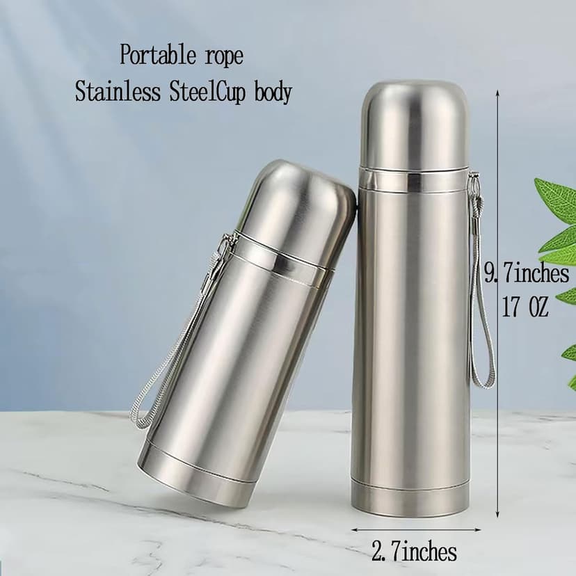 Stainless Steel Thermal Bottle Vacuum Insulated Coffee Trave Mug for Hot and Cold Drinks Double Walled Sport Water Flask with Cup 17Oz/500Ml(Silver)