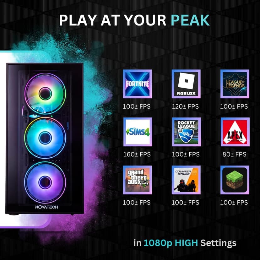 NOVATECH Phantom - Prebuilt Gaming PC Desktop Computer - RTX 3050 - Intel i7 Xeon 3.5GHz - 16GB RAM - 512GB M.2 SSD WiFi/BT, Win 11 Pro - Gaming Computer Tower, Pre Built PC Gaming - 1 Year Warranty