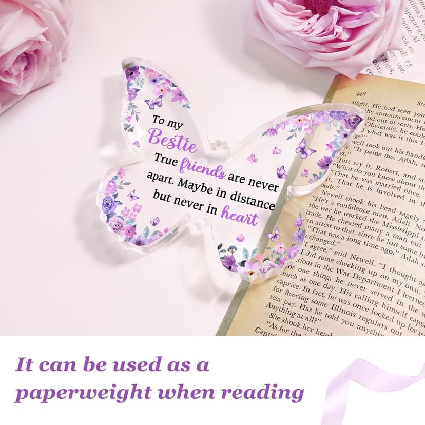 Bestie Best Friend Friendship Gifts for Women, Unique Purple Butterfly Acrylic Plaque Desk Decor, Bestie Best Friend Birthday Gifts for Women Friendship for Bff Bestfriend, 5 x 3.8 x 0.5 inches