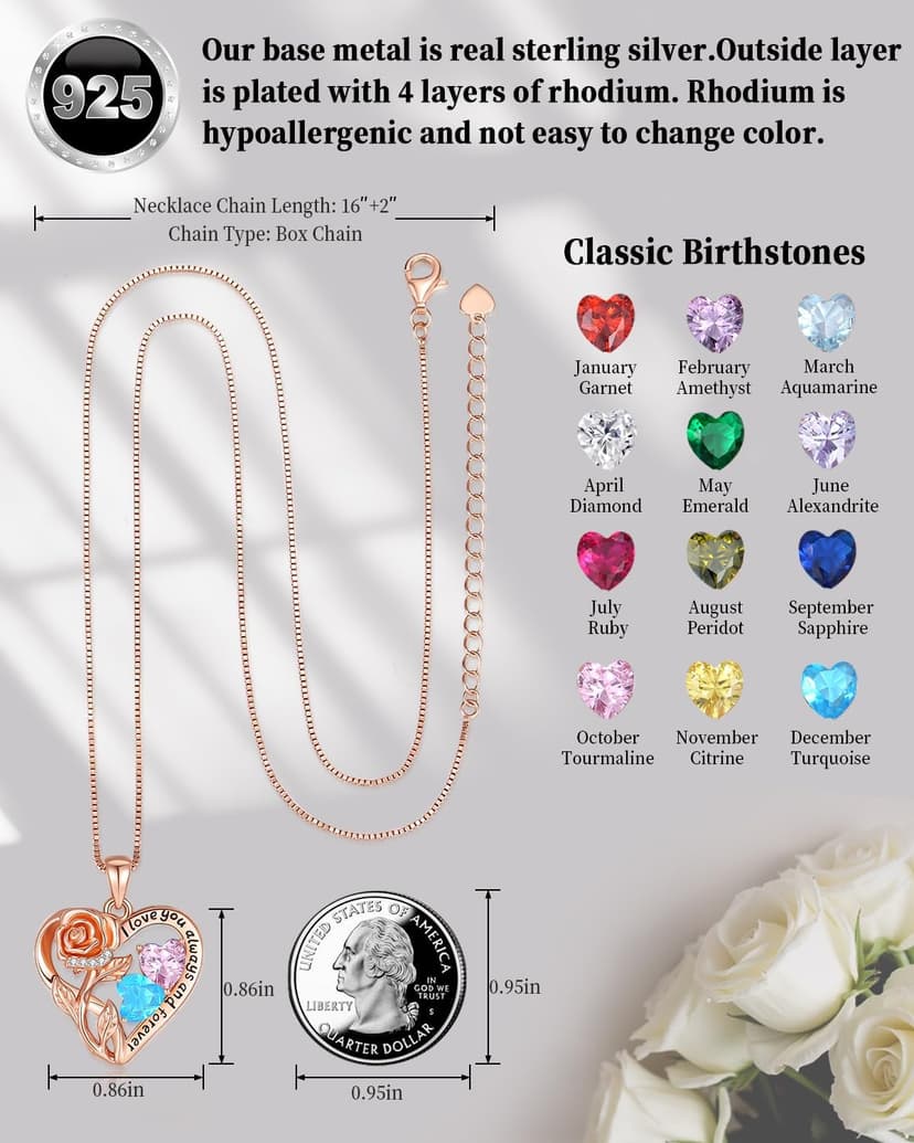925 Sterling Silver Double Birthstone Rose Flower Heart Jewelry Necklaces for Women Anniversary Love Forever Necklaces for Her Birthday Gifts for Wife Girlfriend Mom Mothers Day Rose Gold