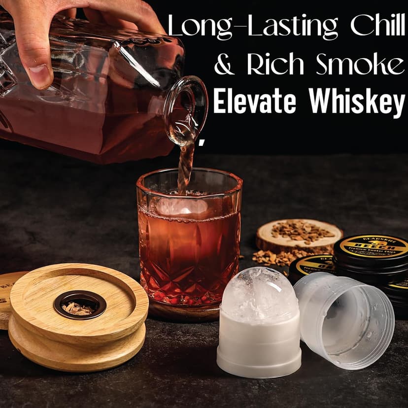 Whiskey Smoker Kit with Torch - 6 Natural Wood Chips Flavors, 2 Glasses, 2 Ice Molds - Cocktail Smoker Infuser Kit, Old Fashioned Smoker Kit, Birthday Bourbon Whiskey Gifts for Men, Dad(No Butane)