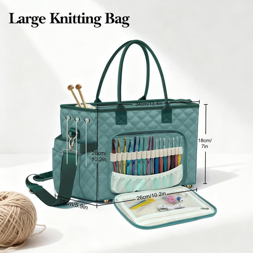 Crochet Bag Yarn Storage, Large Knitting Tote with Padded Crochet Hook Organizer, Tote with Multiple Compartments for Crochet Lovers, Knitting Accessories, Mother's Day Gift