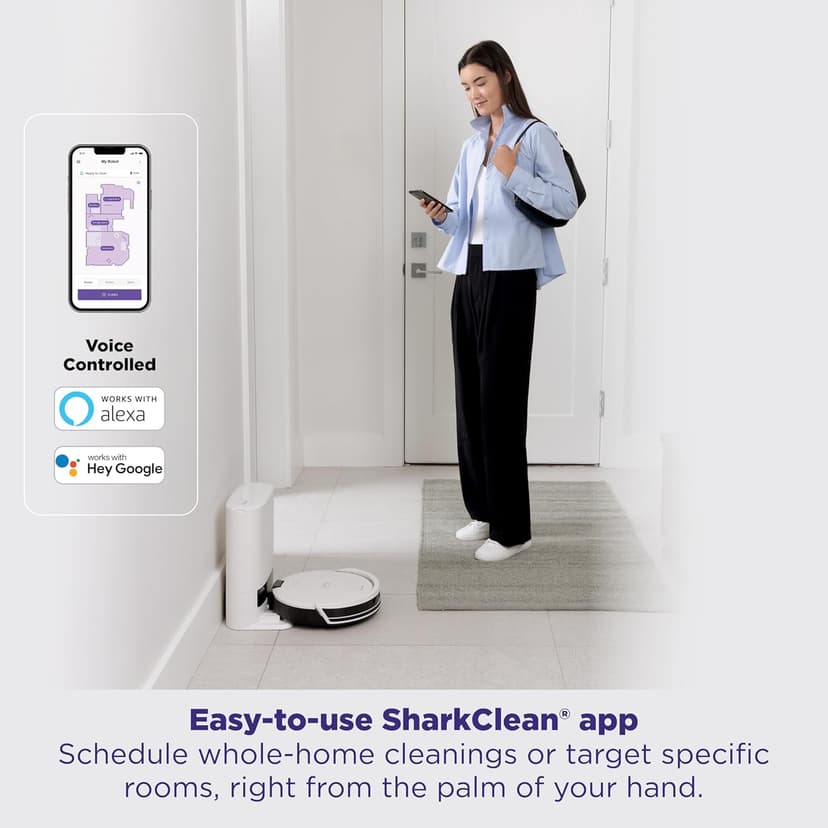 Shark Navigator Robot Vacuum with Bagless 30-Day Capacity Self-Empty Base, Powerful Suction, SmartPath Navigation, Self-Cleaning Brushroll, for Carpets & Hard Floors, White, AV2110S