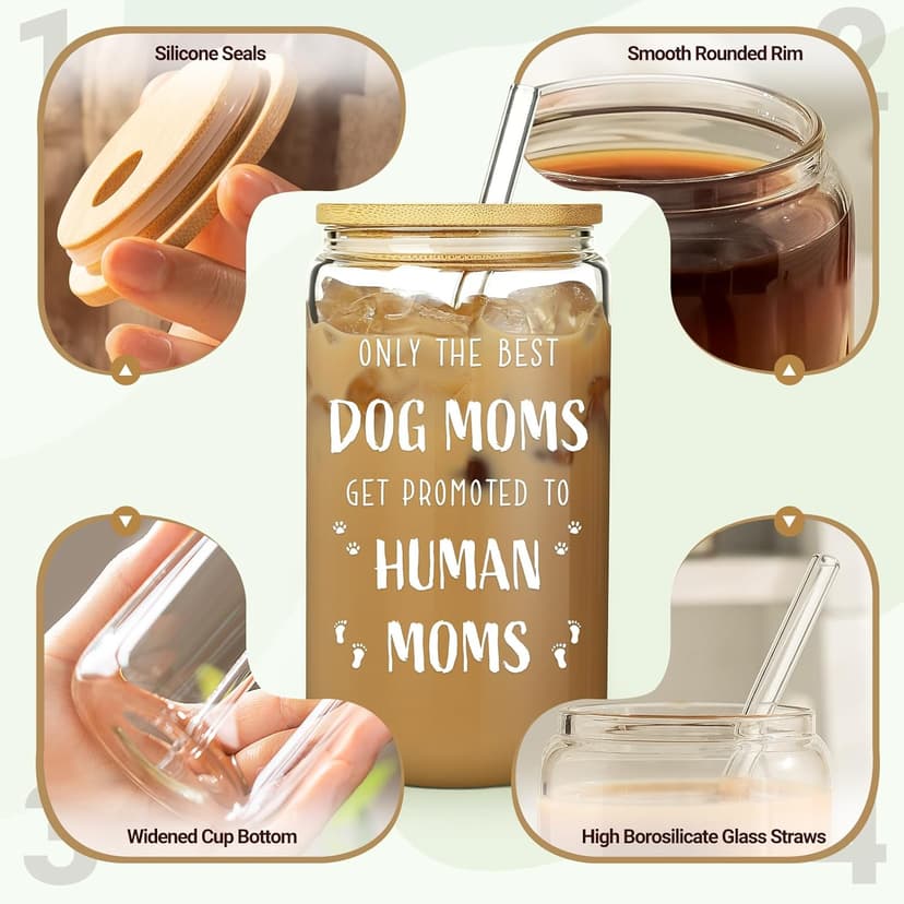 New Mom Gifts for Pregnant Women, 16oz Drinking Glass Cup with Lid and Straw, Funny Dog Mom Pregnancy Gift for Expecting Mom, Mother to be - Postpartum, Mothers Day, Birthday Gifts for First Time Moms
