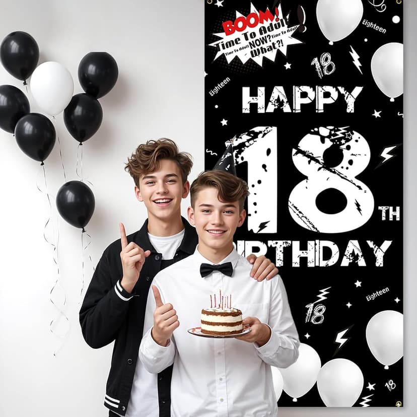 Fabric 18th Birthday Backdrop Banner Black White, Happy 18th Birthday Decoration for Men Women, 18 Year Old Birthday Party Yard Sign Photo Props Door Decor Supplies for Outdoor Indoor