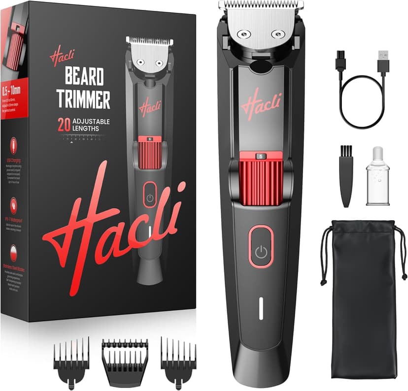 Men's Beard Trimmer with Precision Dial, 20 Adjustable Length Settings for Beard Mustache & Facial Grooming, Cordless Rechargeable, Professional Hair Clipper IPX7 Waterproof Wet/Dry Use, Red