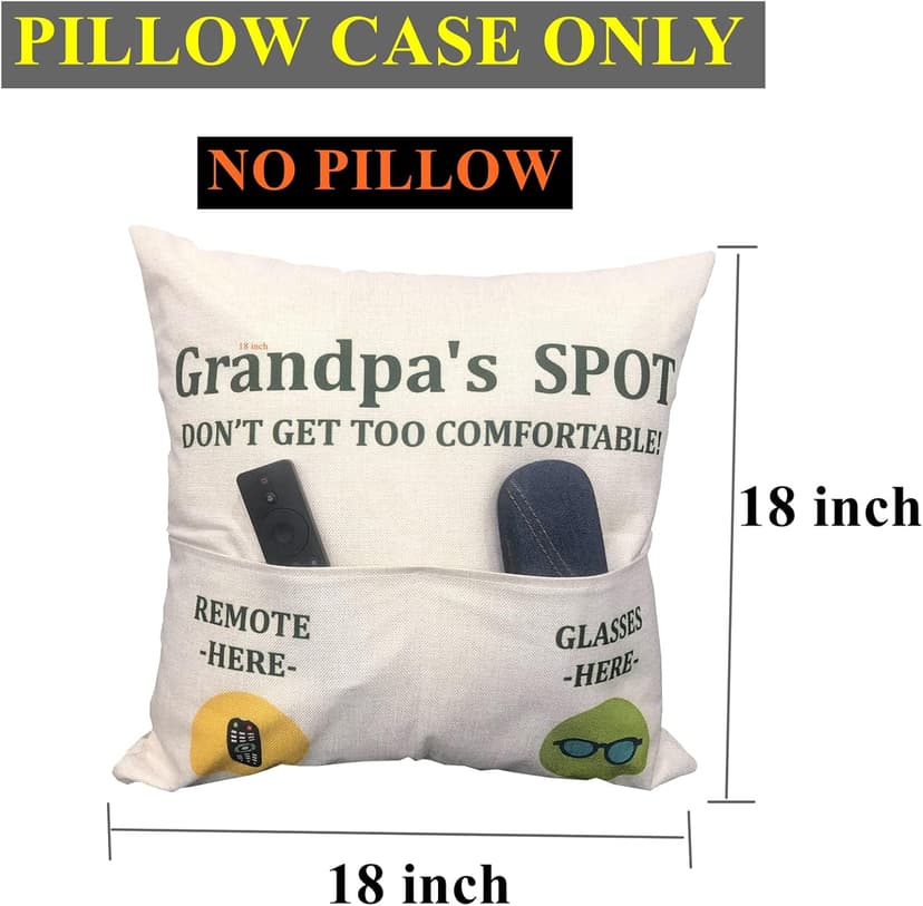 Grandpa Gifts,2-Pocket Grandpa’s Spot Throw Pillow Covers 18x18 Inch + Engraved Spoon, Fathers Day Birthday Christmas Thanksgiving Day Gifts for Papa, Granddad