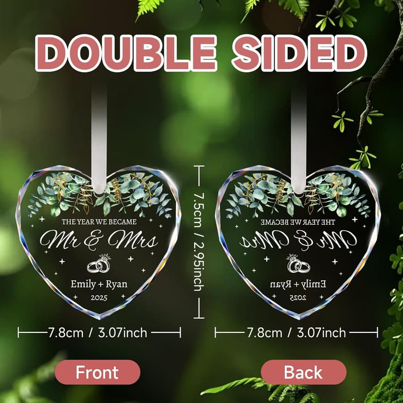 First Christmas Married Ornament, Personalized Wedding Gifts for Couple, Mr and Mrs Gift, Bridal Shower Gifts, Just Married for Newlywed Couples, Bride, Crystal Glass Wedding Christmas Ornaments 2025