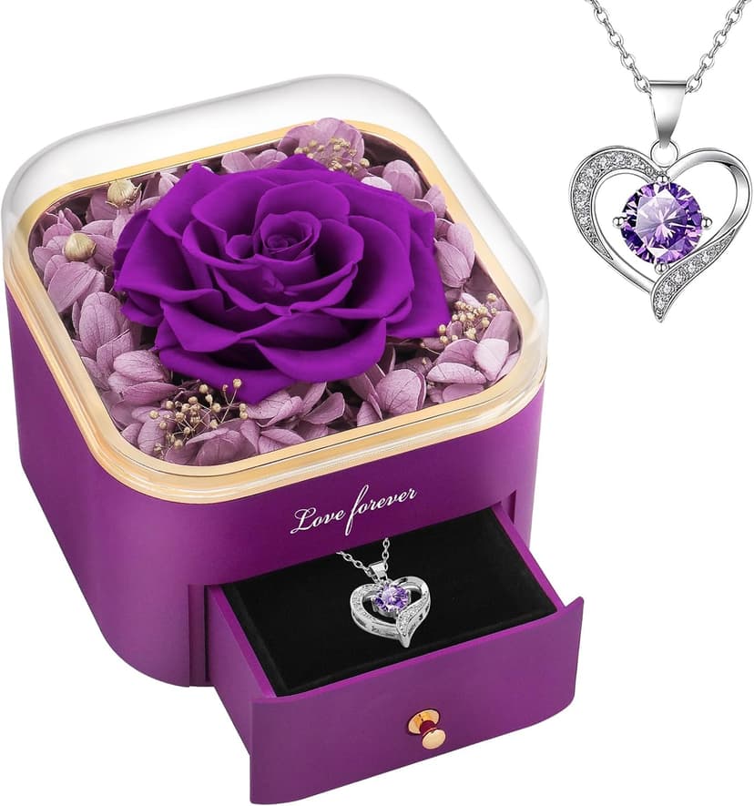 Beferr Birthday Gifts for Women Mom Preserved Real Rose with Necklace Eternal Roses Fresh Flowers for Delivery Prime anniversary Purple Gifts for Grandma Wife Daughter Sister