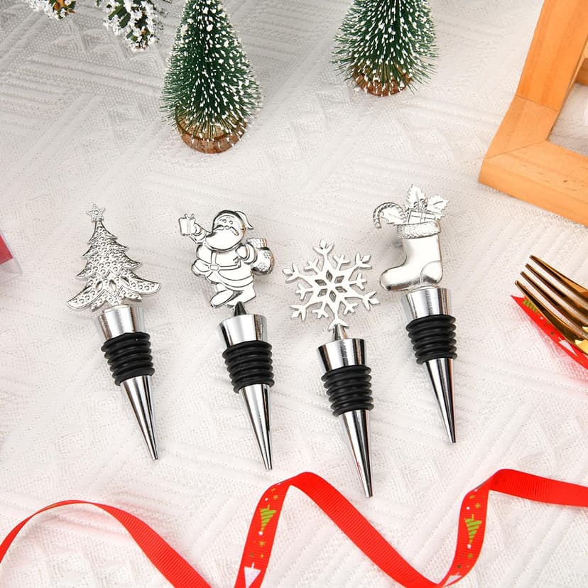 4PCS Christmas Wine Bottle Stoppers, Alloy Xmas Wine Bottle Stoppers for Keeping Wine Fresh,Wine Accessories Gift for Hostess Christmas Bottle Corkers,Winter Decor Bottle Stopper Holiday Party Supplie