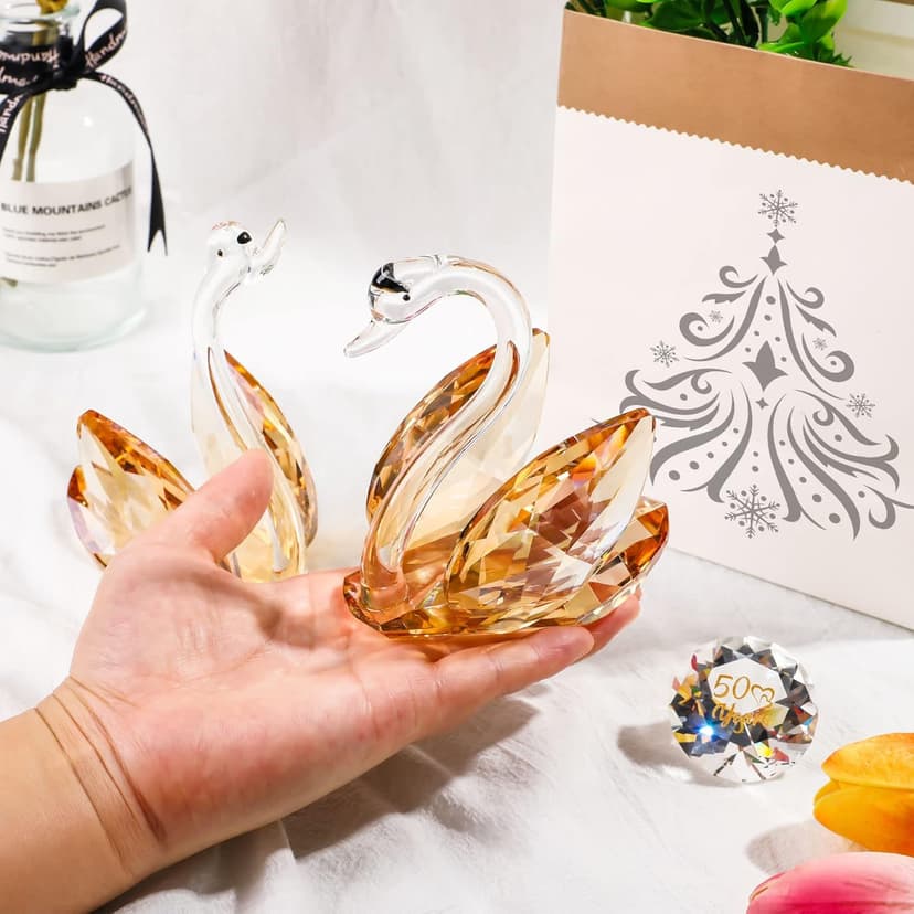 YWHL 50th Wedding Anniversary Swan Gifts for Parents, 50 Years for Couple, Crystal Swan Figurine Decoration for 50 Years of Marriage