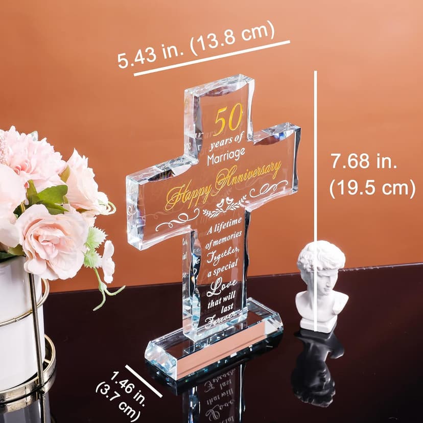 YWHL 50th Wedding Anniversary Religious Cross Gifts for Women Men, 50 Year Anniversary Romantic Gift for Him Her, Laser Engraved Glass Standing Cross Keepsake for Couple, 50 Years of Marriage Present