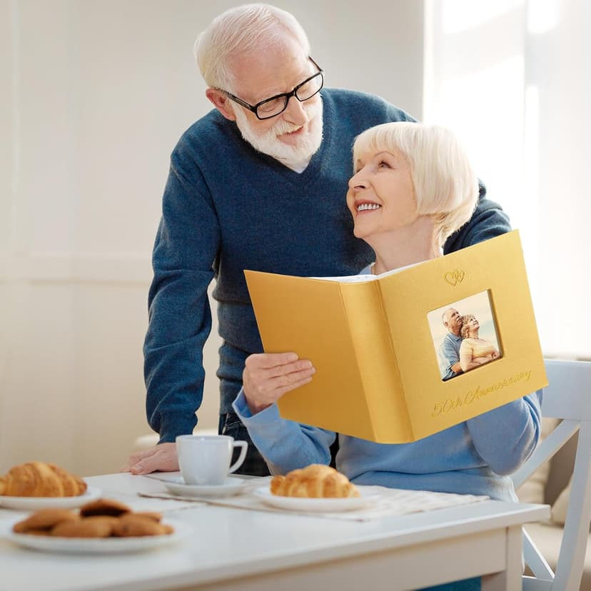 Memory Photo Album Holds 200 Pcs 4 x 6 Inch Leather Wedding Anniversary Family Photo Album with Front Window Double Heart Memory Scrapbook for Couple Gifts(50th Anniversary)