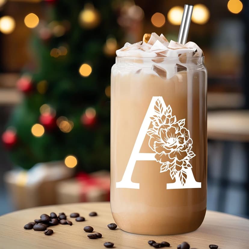 Coolife Initial Glass Cup, Monogrammed Gifts for Women, 16 oz Glass Cups w/Lids Straws, Iced Coffee Smoothie Beer Tumbler w/Straw Lid - Personalized Christmas, Birthday Gifts for Her Mom Friend Woman