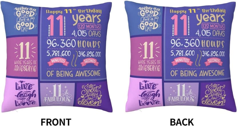 11 Year Old Girl Birthday Gifts - 11th Birthday Decorations - Throw Pillow Covers 18 x 18 inch