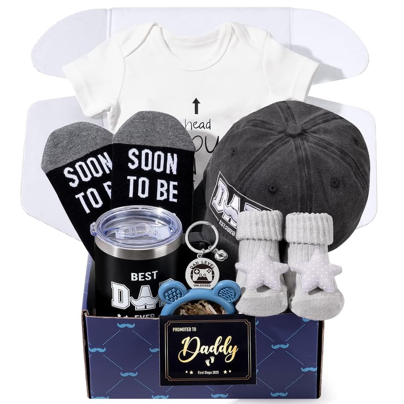 New Dad Gifts Box, 9 Pcs First Time Dad Gifts, Dad to Be Gifts for 1st Time with Tumbler Hat Onesie Socks Keychain for Baby Shower，Unique Kit for Soon to Be or Expecting Father