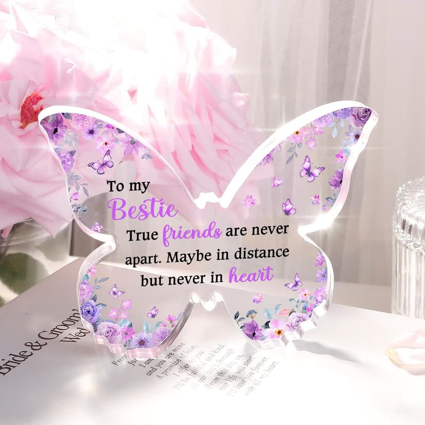 Bestie Best Friend Friendship Gifts for Women, Unique Purple Butterfly Acrylic Plaque Desk Decor, Bestie Best Friend Birthday Gifts for Women Friendship for Bff Bestfriend, 5 x 3.8 x 0.5 inches
