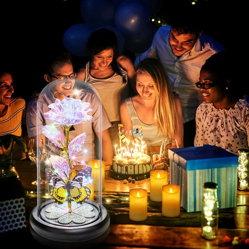 Birthday Gifts for Women Mom, Galaxy Glass Rose Forever Eternal Crystal Flower Light Up Rose in Glass Dome with Butterfly Mothers Day Christmas Rose Gifts for Her Wife Daughter Friends Colorful