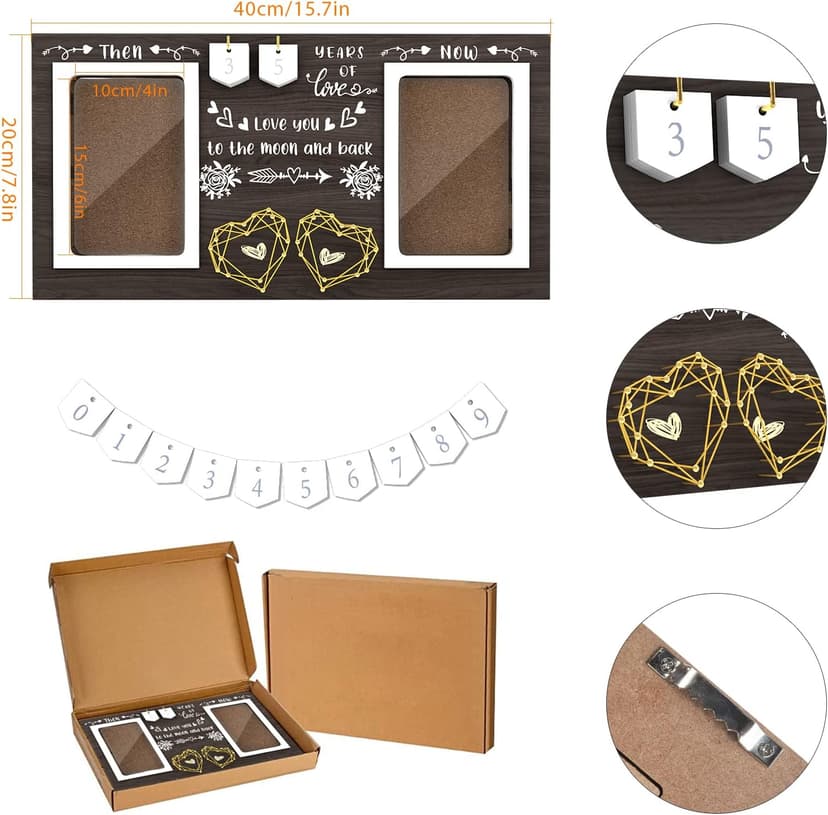 Then & Now Anniversary Picture Frame - 1-99 Years Anniversary Wedding Gift for Couple, Engagement Bridal Shower Gifts for Couples Wood Photo Frame Holds 2 4x6 Inches Photos