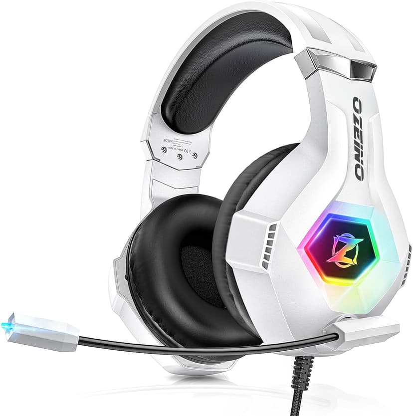 Gaming Headset for PC, Ps4, Ps5, Xbox Headset with 7.1 Surround Sound Gaming Headphones with Noise Canceling Mic, LED Light Over Ear Headphones for Switch, Xbox Series X/S, Laptop, Mobile White