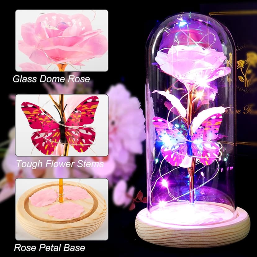 Beferr Christmas Rose Gifts for Women Mom Birthday Gifts, Galaxy Glass Rose Forever Preserved Flowers for Delivery Prime Light Up Rose in Glass Dome with Butterfly Xmas Gifts for Grandma Her Wife