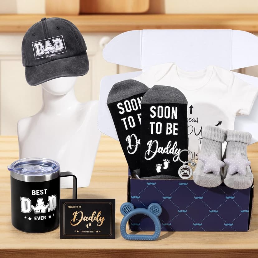 New Dad Gifts Box, 9 Pcs First Time Dad Gifts, Dad to Be Gifts for 1st Time with Tumbler Hat Onesie Socks Keychain for Baby Shower，Unique Kit for Soon to Be or Expecting Father