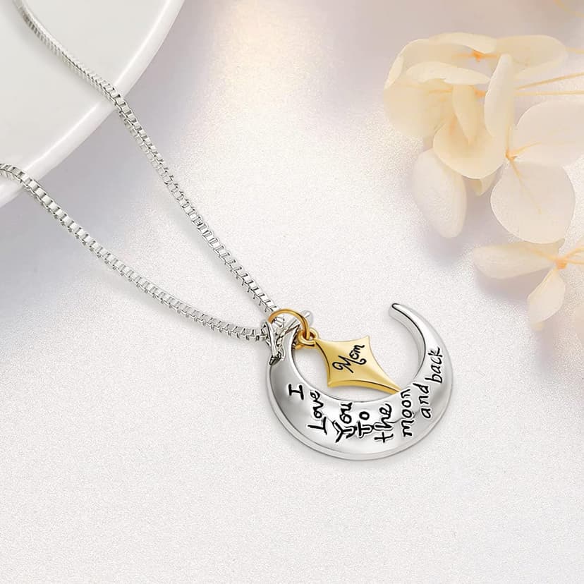 POWER WING Mom Necklace for Women Mom I Love You to The Moon and Back Moon Star Pendant Necklace Birthday Presents for Mom Mothers Gifts from Daughter Son