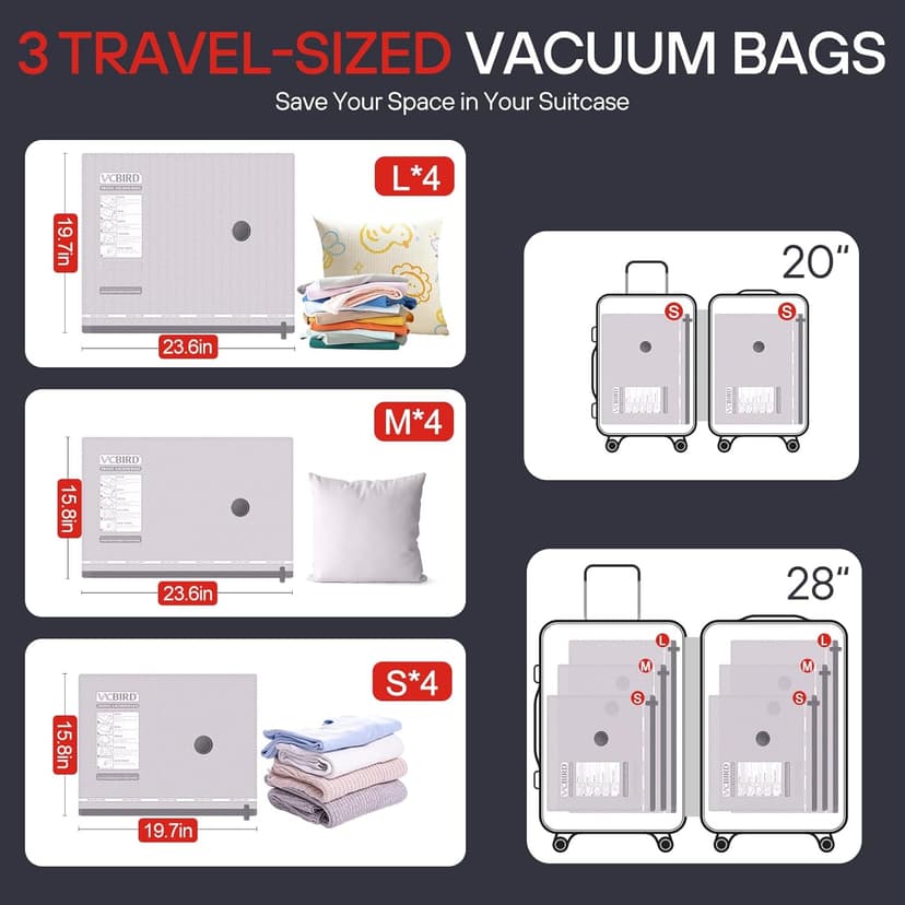 VMstr 12 Pack Vacuum Seal Bags for Clothing Travel, Carry-on Size for Luggage Compression Packing, Space Saver Bags with High Pressure Electric Pump (DC Power)