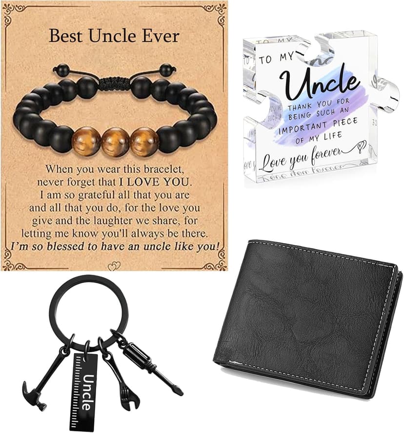 Uncle Appreciation Gifts Merch - 4Set Acrylic Plaque, Keychain, Bracelet, and Wallet - Fathers Day Birthday Gift For Uncles From Niece Nephew