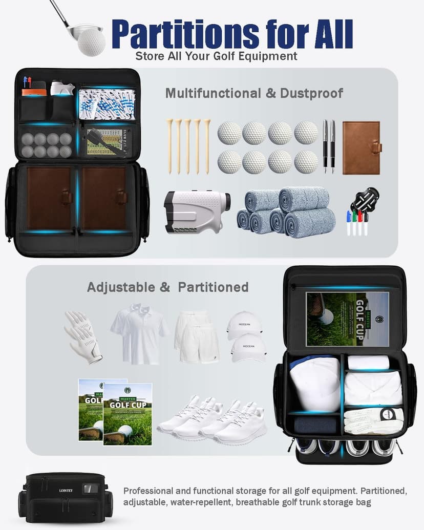 Golf Trunk Organizer, Waterproof Car Golf Locker with Separate Ventilated Compartment for 2 Pair Shoes, Golf Storage for Balls, Tees, Cap, Clothes, Gloves, Accessories, Gifts for Men, Women