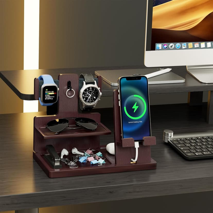 ProCase Gifts for Dad, Wood Phone Docking Station for Men, Dad Gifts From Daughter Son, Mens Nightstand Organizer, Anniversary Birthday Gifts for Dad Father Husband Him -Espresso (Engraved Word)