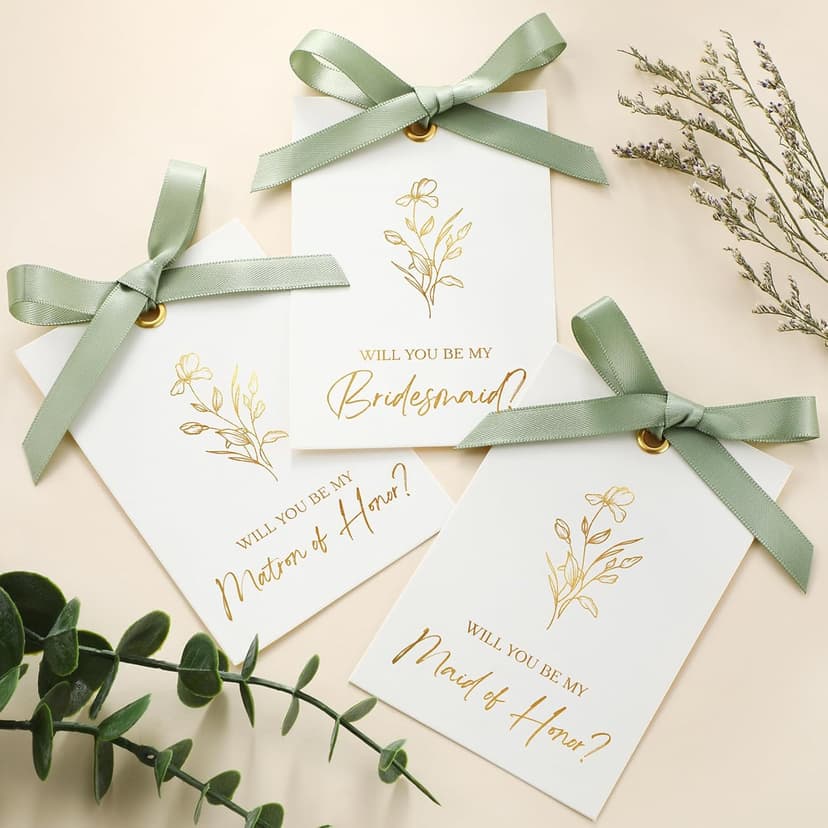 11 Pcs Bridesmaid Proposal Card with Ribbon Bow Floral Metallic Bridal Gift 8 Will You Be My Bridesmaid 2 Maid of Honor 1 Matron of Honor Invitation for Bridal Shower(White, Sage Green)