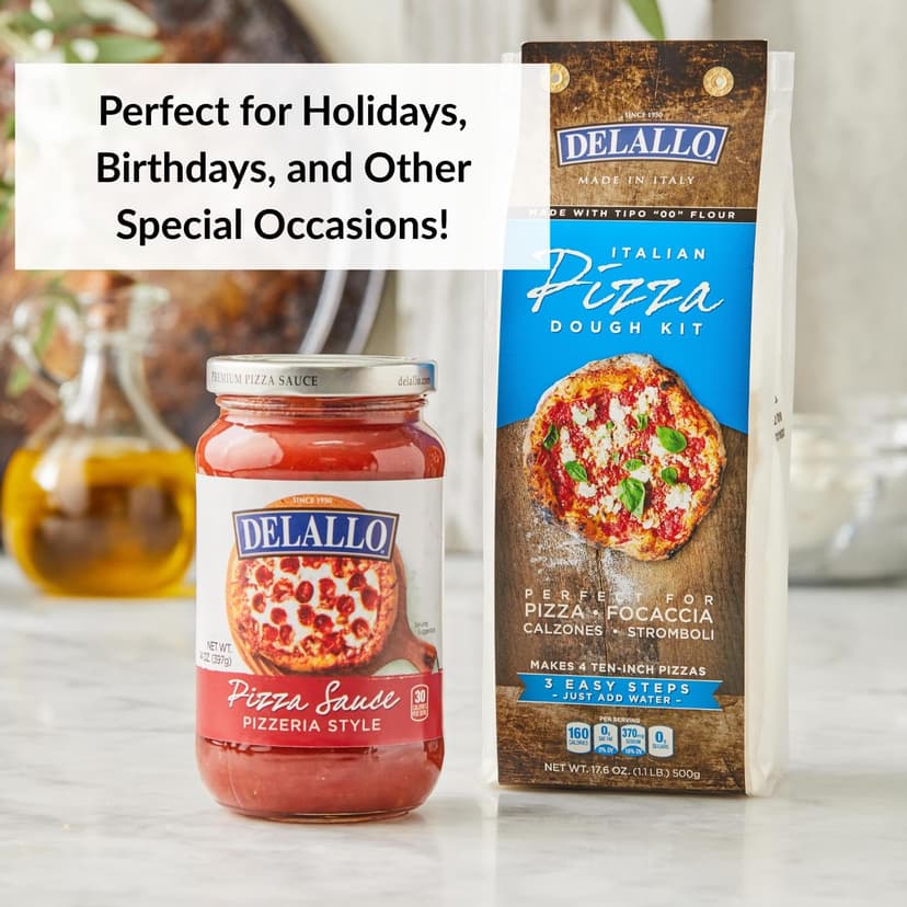 DeLallo Gourmet Pizza Kit Gift Basket, Includes Full-Sized Dough Kit, Tomato Sauce, Pepperoni Stick, and Premium Toppings, Italian Gift Basket for Pizza Lovers