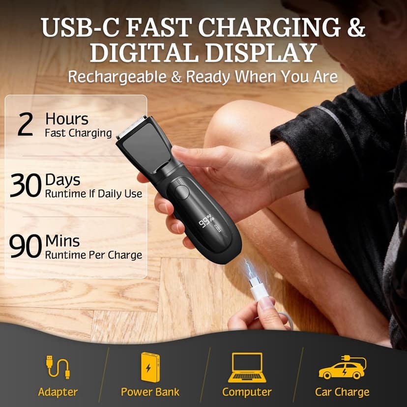 Bikini Trimmer for Women Men, 2 in 1 Electric Razors Shaver, IPX7 Waterproof Body Hair Trimmer with Mirror, LED Light & Display, Painless Pubic Hair Removal, Black