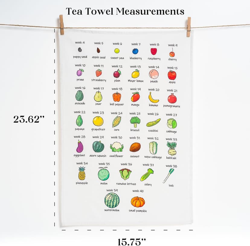 Baby Size Tea Towel - Weekly Baby Growth Tracker In Fruit & Veg First Time Mom To Be Musthave Pregnancy Announcement Congratulation Pregnancy Gift For Expecting Parents Couple Countdown Maternity Gift
