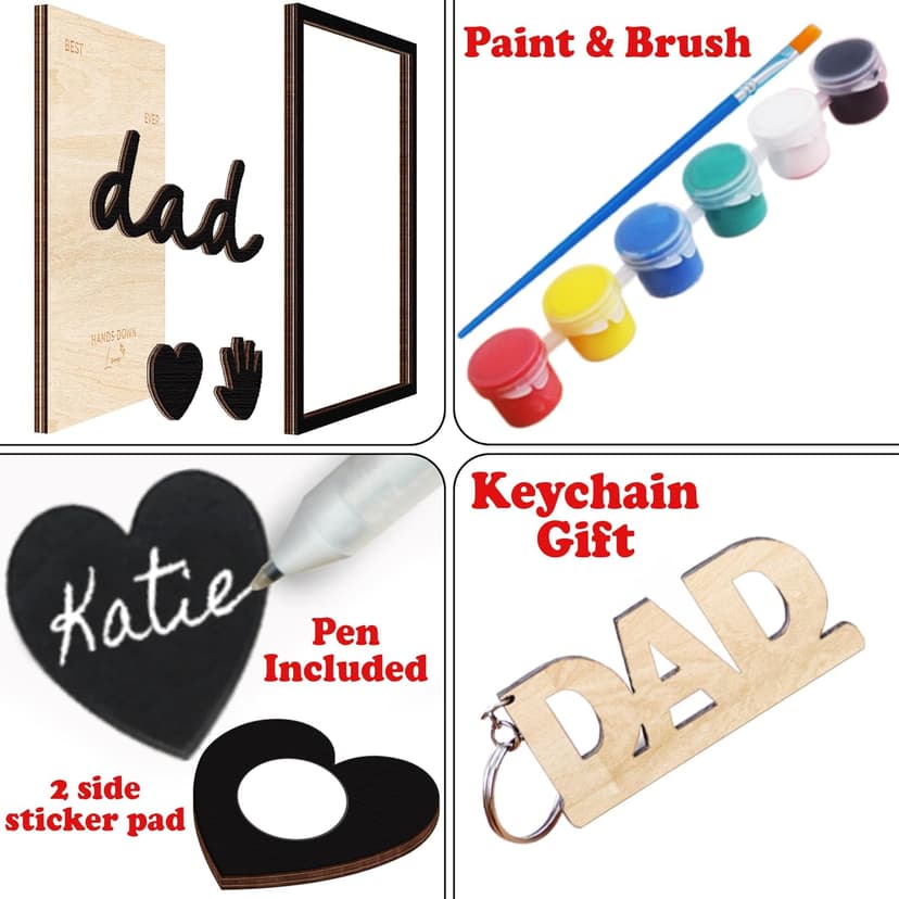 10" Hands Down Best Dad Ever DIY Handprint Kit with Acrylic Paint, Art Craft Family Keepsake Wood Frame Dad Keychain Birthday Father's Day Gift for Daddy, Papa Family Sign with Kids Names HF90-D