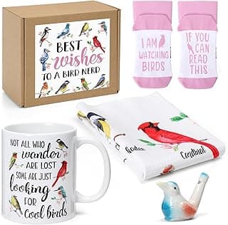 Nefelibata Bird Gifts for Women: 4-in-1 Birds Mug, Socks, Water Whistle, Kitchen Towel - Cardinal, Hummingbird, Kingfisher Birds on Branch