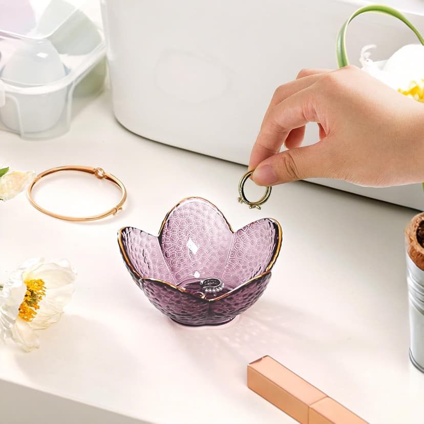Purple Flower Jewelry Dish Glass Ring Dish Jewelry Tray Cute Vanity Organiser Room Decor Aesthetic Nightstand Bathroom Decor Trinket Dish Ring Holder Valentine's Friendship Birthday Gifts for Women