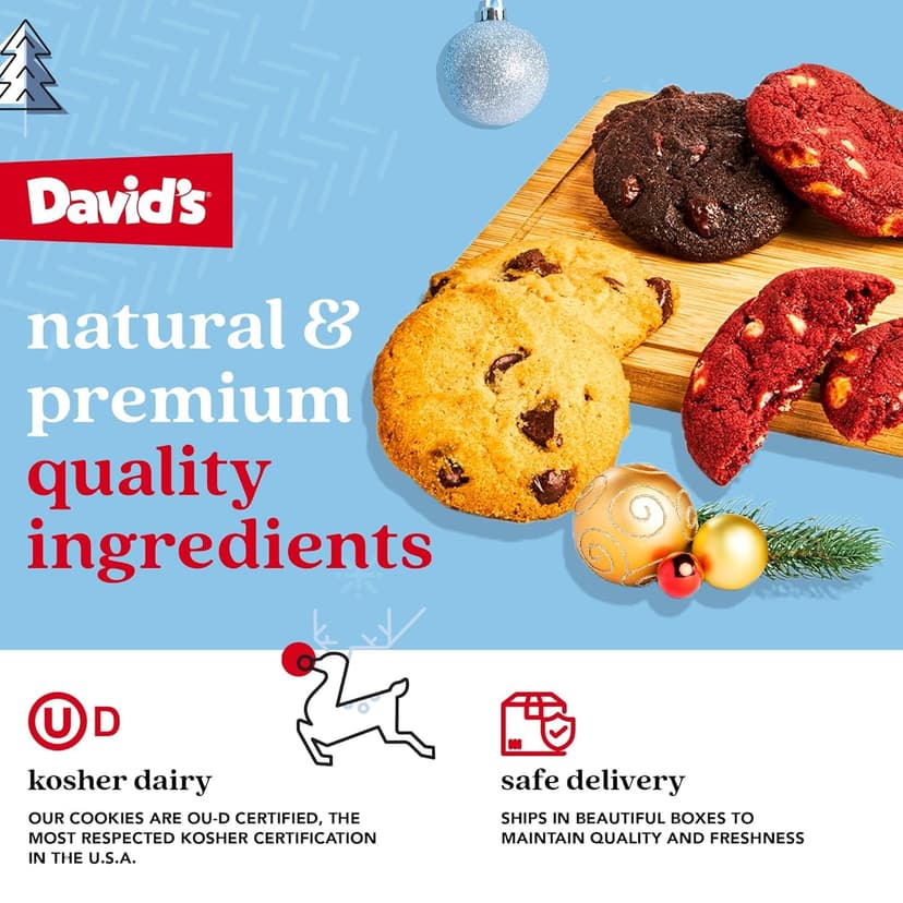 David's Cookies Happy Holidays Mini Cookies in Sweet Sampler Tin - Assorted Mini Christmas Cookies with Chocolate & White Chocolate Chip and Red Velvet - Gourmet Cookie Gift Basket for Christmas 14oz