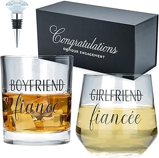Engagement Gifts for Couples - Unique Fiance Gift for Him or Her! Whiskey Wine Glasses with Diamond Wine Stopper