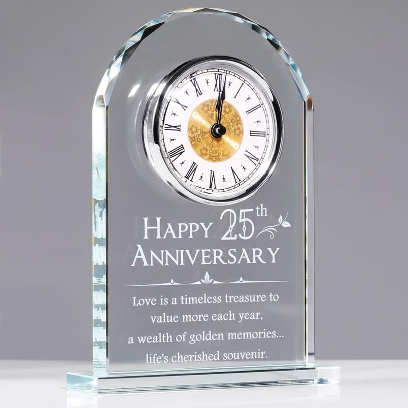 YWHL 25th Wedding Anniversary Clock Gifts for Couple, 25 Year Anniversary Keepsake Gifts for Husband/Wife, Glass Clock Decoration for 25 Years for Marriage (Battery not Included)