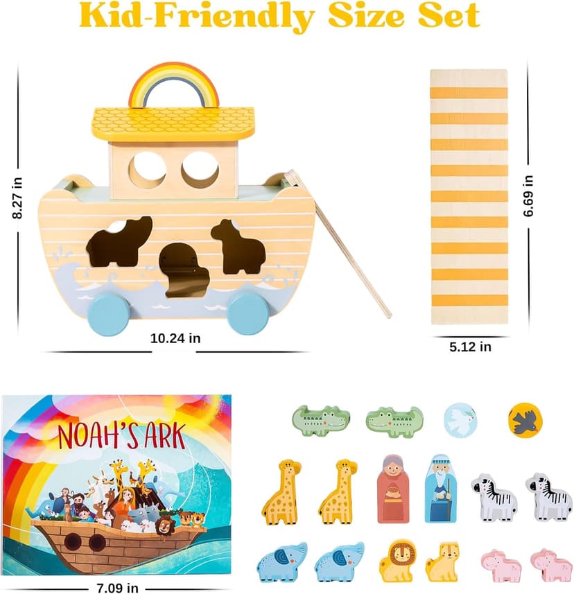 Wooden Noah’s Ark Toy - Baptism Gifts for Baby Girl, Boys & Kids | Fun Colorful Christening & Baptismal Gifts for Boys & Girls | Christian & Catholic Baby Gifts | Noahs Ark Toys for Toddlers from 2