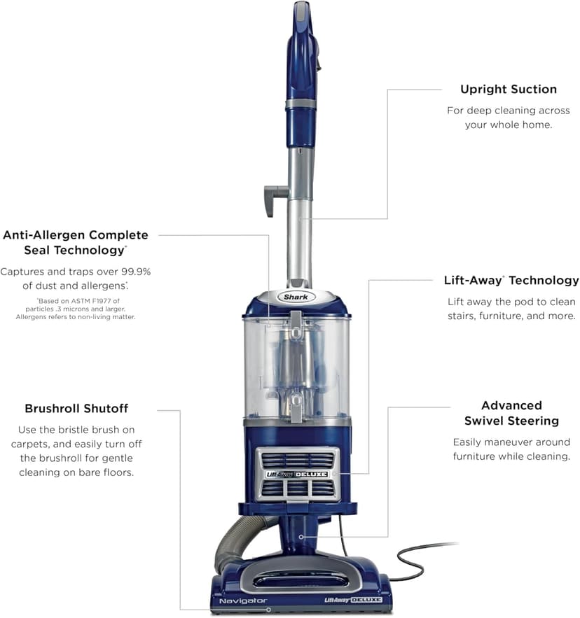 Shark Upright Vacuum, Navigator Lift-Away Deluxe with Large Dust Cup Capacity, HEPA Filter, Swivel Steering, Upholstery Tool & Crevice Tool, Blue, NV360