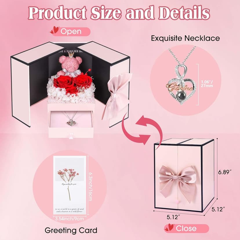 ADDWel Great Gifts for Grandma, Preserved Real Roses with I Love You 100 Languags Grandma Necklace, Cute Bear and Meaningful Eternal Roses for Grandmother Nana Birthday
