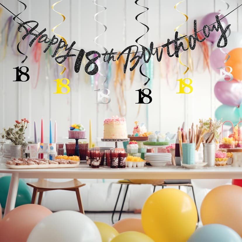18th Birthday Decorations for Boys Swirls Streamers Set, Hanging Vortex Happy 18th Birthday Banner for Girls, Black and Gold 18 Birthday Decor Party Bunting