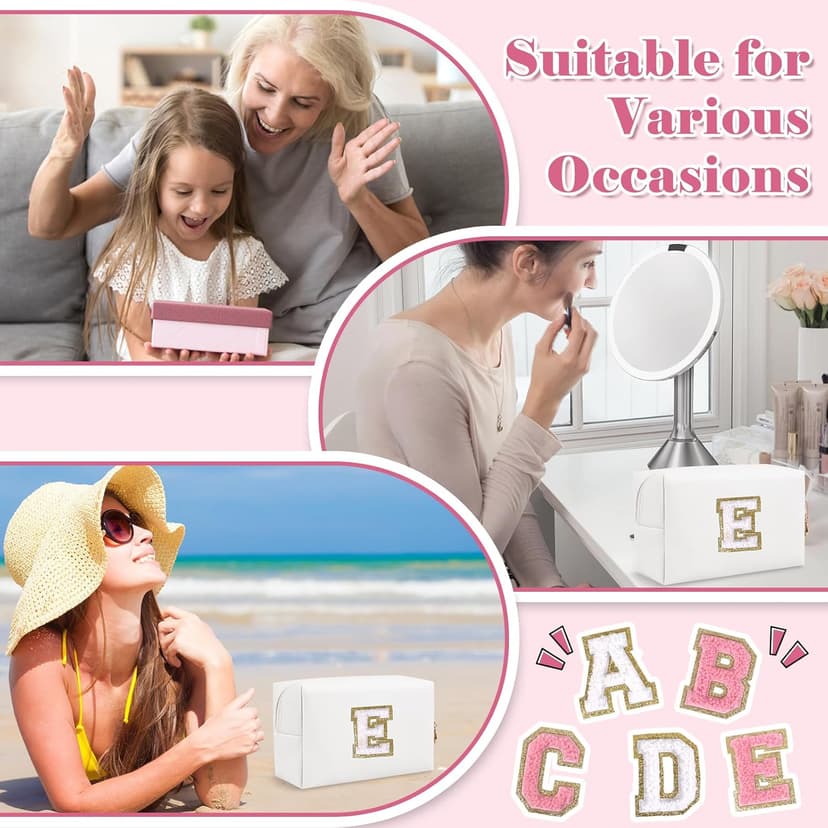 Small Personalized Initial A-Z Preppy Patch Makeup Bag,White PU Chenille Letter Travel Cosmetic Pouch with Zipper,Cute Toiletry Bag,Gift Ideal for Teen Girls Women Teacher Bridesmaid,Letter E